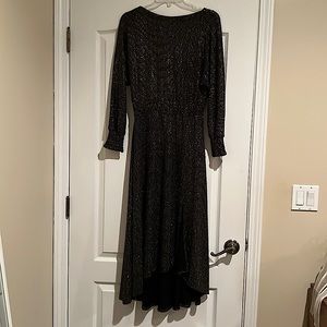 Black high/low gold sparkle dress